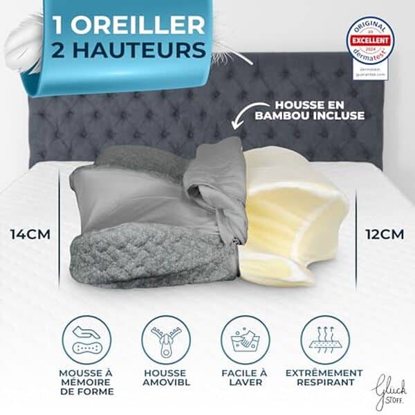 Découvrez le confort ultime et luttez contre le ronflement avec l'oreiller ergonomique cervical Glückstoff®. Idéal pour une meilleure qualité de sommeil.