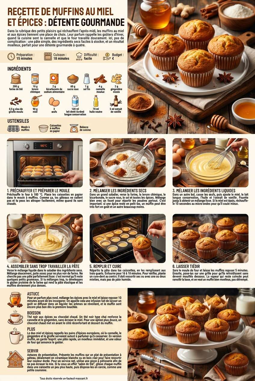 Fiche recette Recette De Muffins Au Miel Et Épices : détente gourmande Fiche recette Recette De Muffins Au Miel Et Épices : détente gourmande